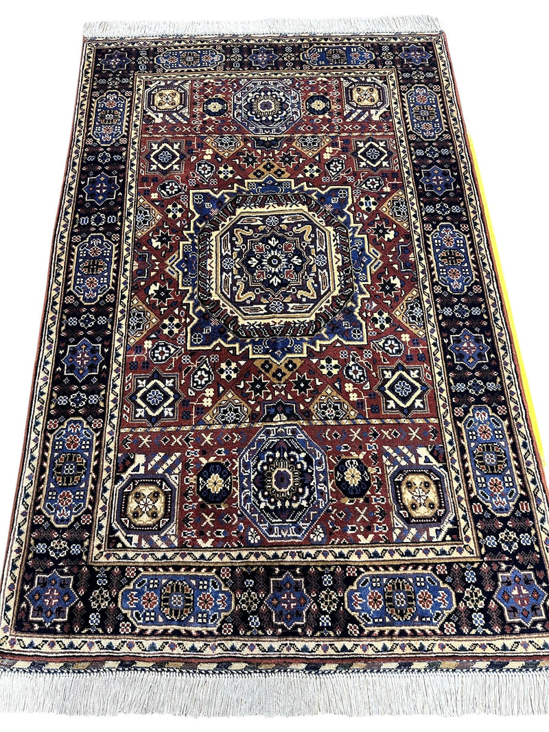 Hand-Knotted Afghani Blue & Brown Mamluk Wool Rug – 40” x 62”