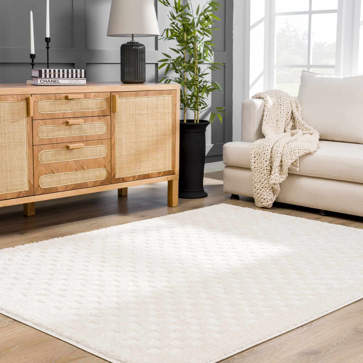 Leryn Ivory Checkered Area Rug, installed in a room