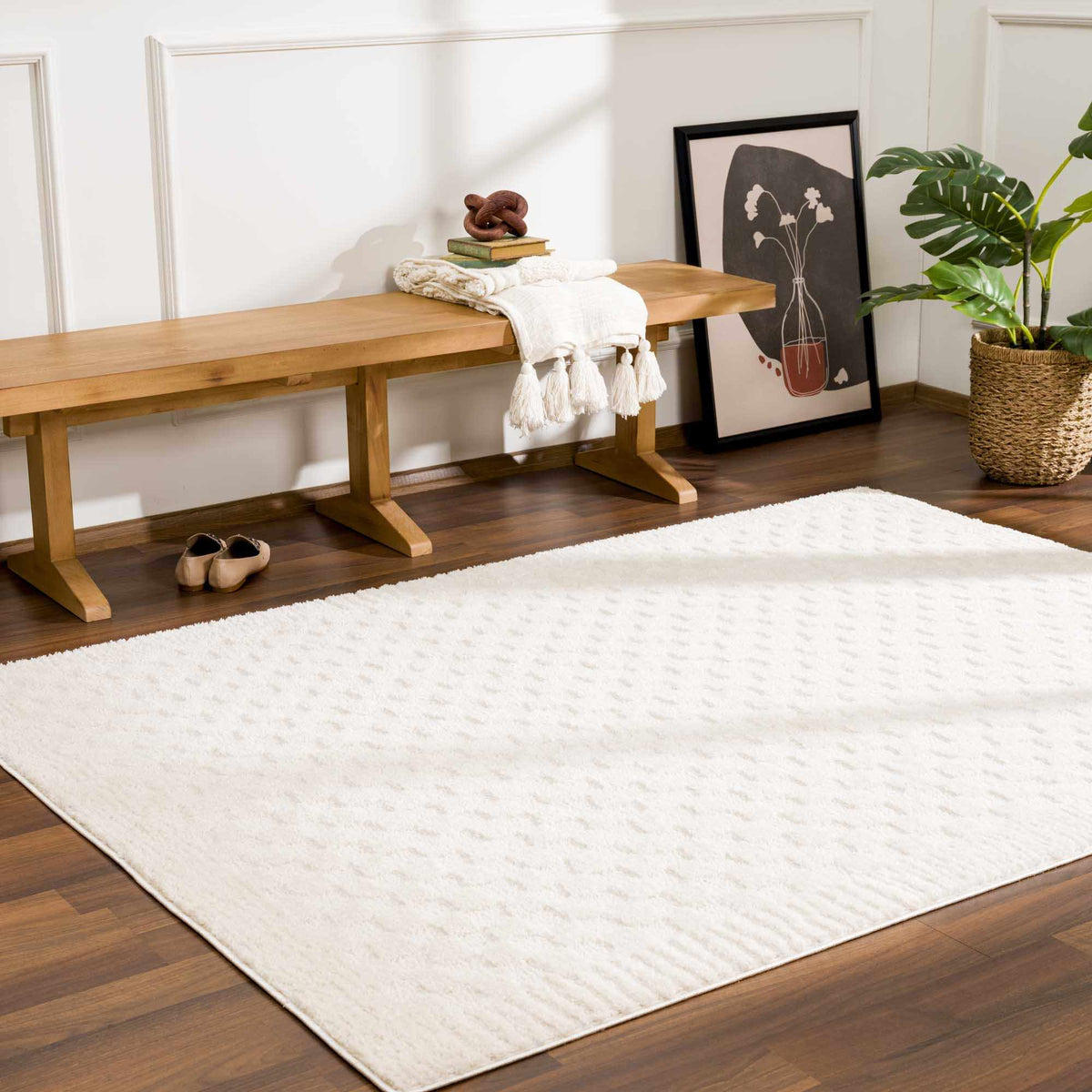Leryn Ivory Checkered Area Rug, installed in a room