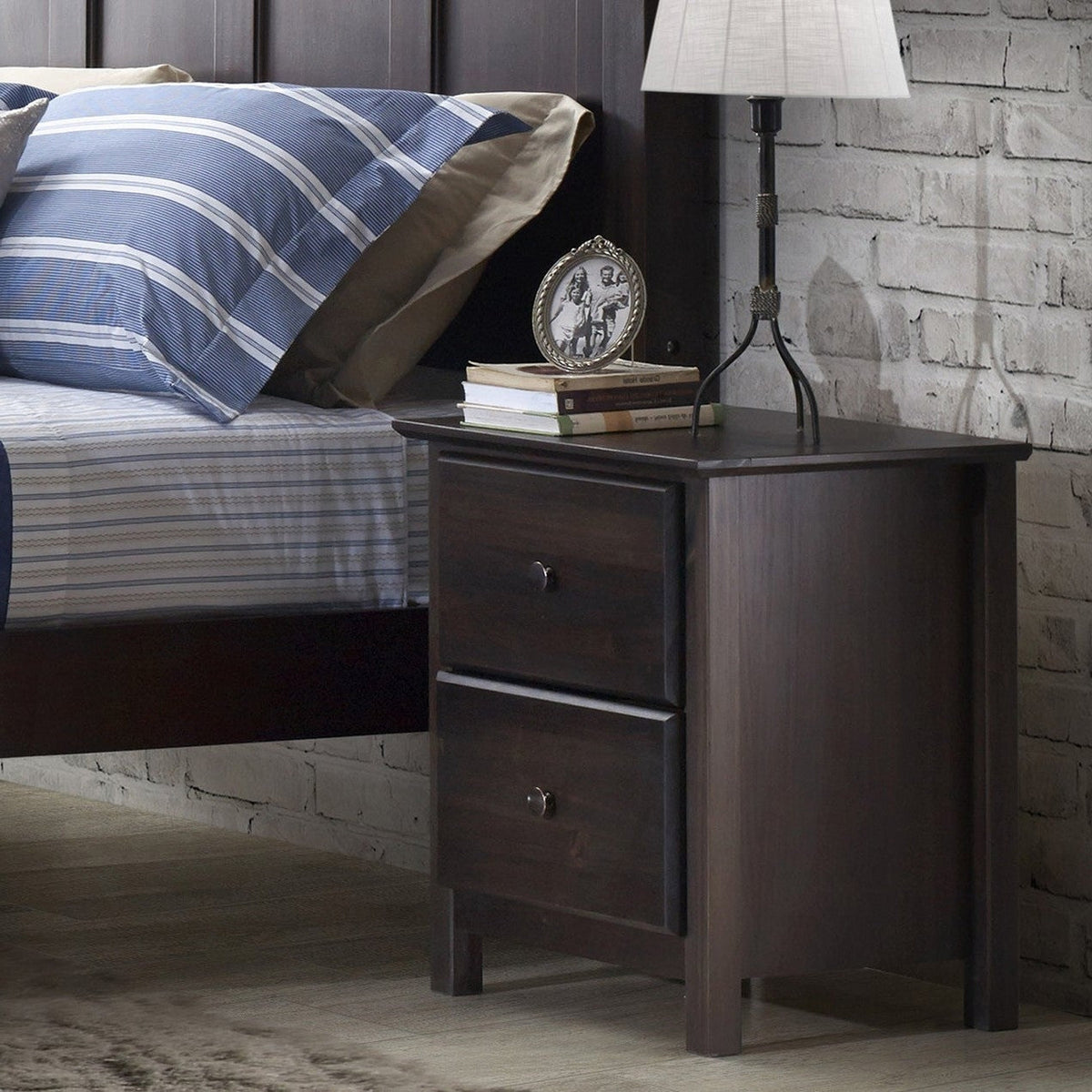Farmhouse Solid Pine Wood 2 Drawer Nightstand in Espresso, photo 4 of 4