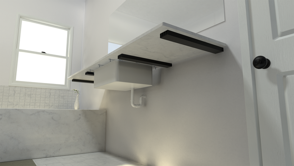 Industrial 1 inch Free Hanging Shelf Bracket®, installed in a room