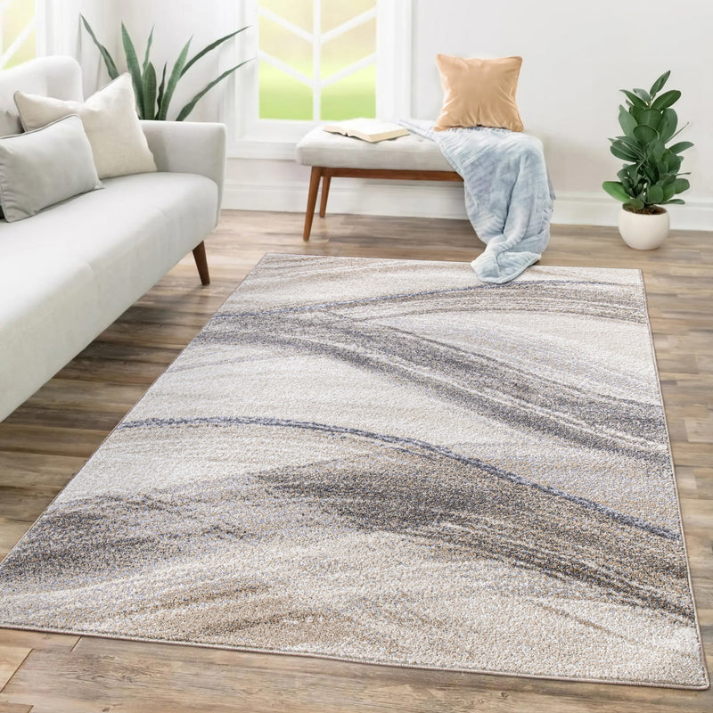 Modern Area Rug Fiesta with Artistic Waves in Beige Grey