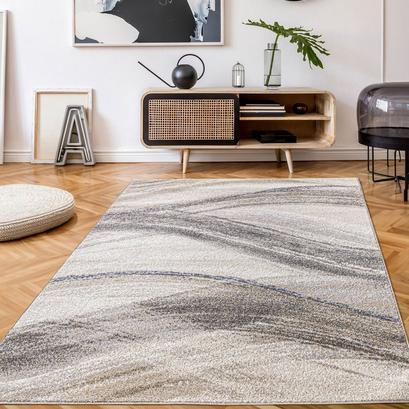 Modern Area Rug Fiesta with Artistic Waves in Beige Grey