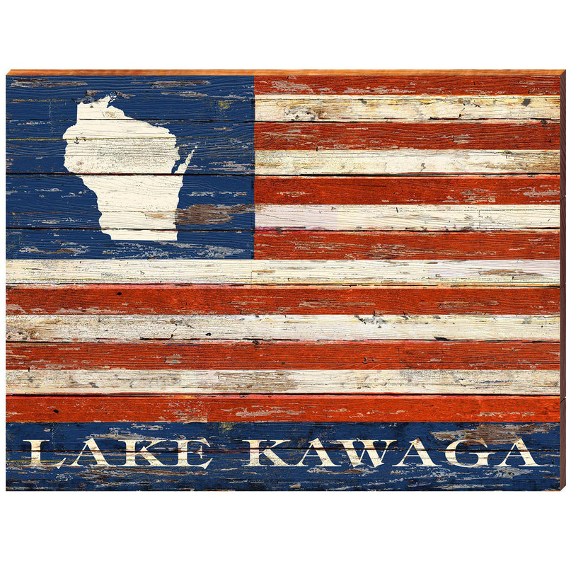 American Flag Wisconsin Lake Kawaga FIR2 | Wall Art Print on Real Wood