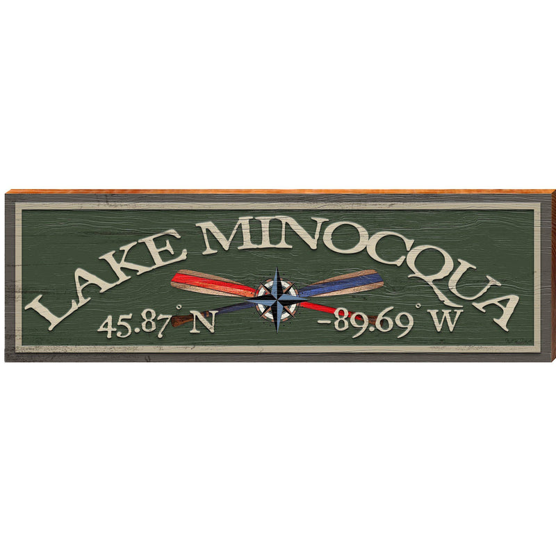 Lake Minocqua Compass Paddles Green Latitude Longitude FIR2 | Wall Art Print on Real Wood