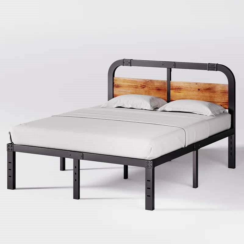 Full size Heavy Duty Black Metal Bed Frame with Solid Wood Panel Headboard, photo 3 of 5