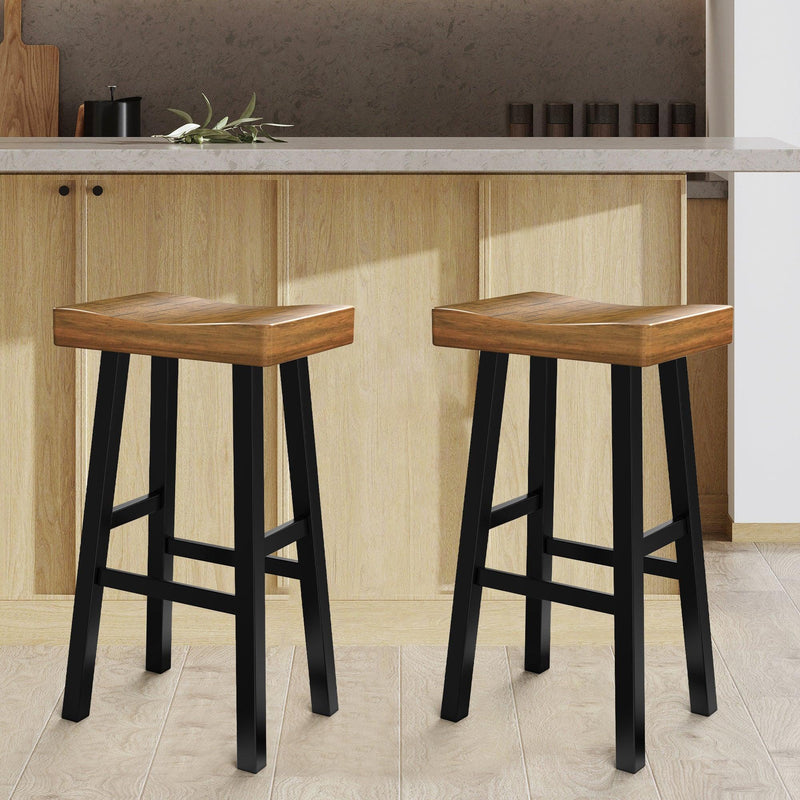 Set of 2 Farmhouse Solid Wood Bar Stools - Backless Saddle Seat Counter Height Chairs for Kitchen Island, Breakfast Nook & Home Office