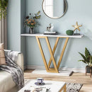 Modern Industrial Console Table with Faux White Marble Top and Gold Frame