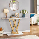 Modern Industrial Console Table with Faux White Marble Top and Gold Frame