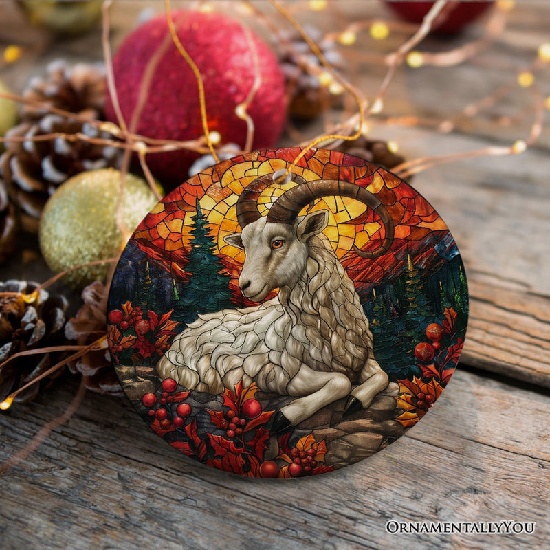 Elegant Goat Stained Glass Theme Ceramic Ornament, Billy Buck and Doe Mountain Animal Decor