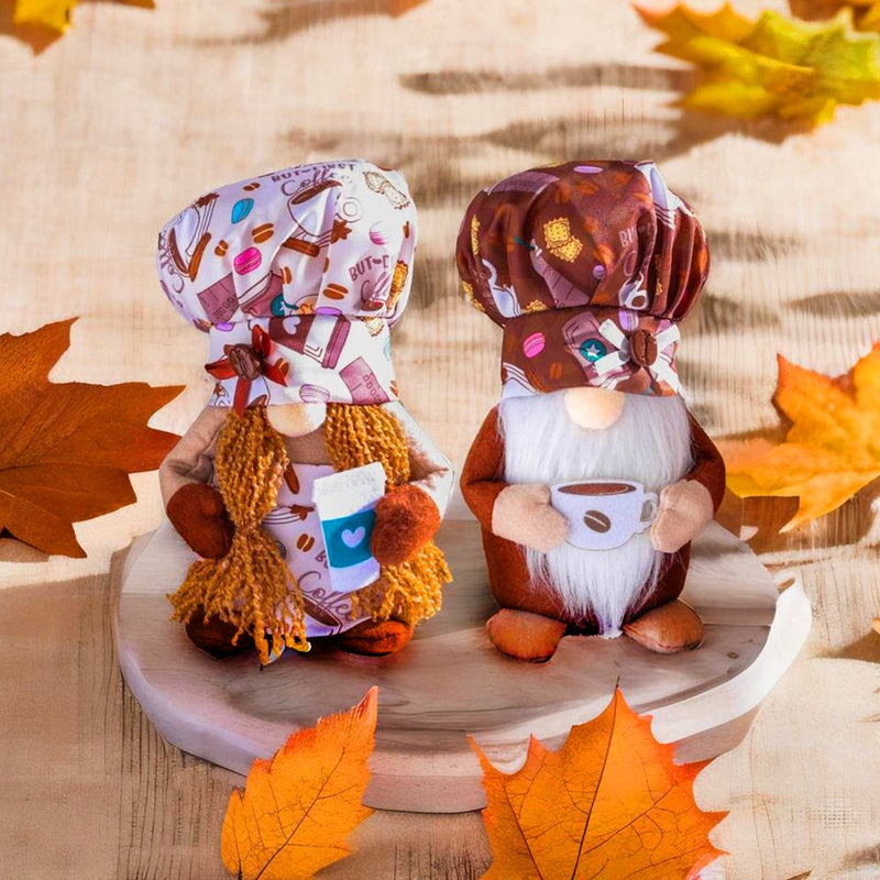 Cozy Artisanal Cafe Coffee Drinking Gnomes Set of Two, Rustic Bistro Decor Gift