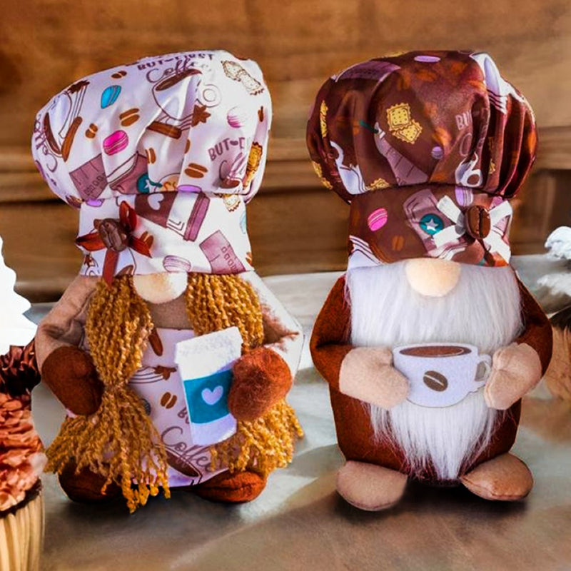 Cozy Artisanal Cafe Coffee Drinking Gnomes Set of Two, Rustic Bistro Decor Gift