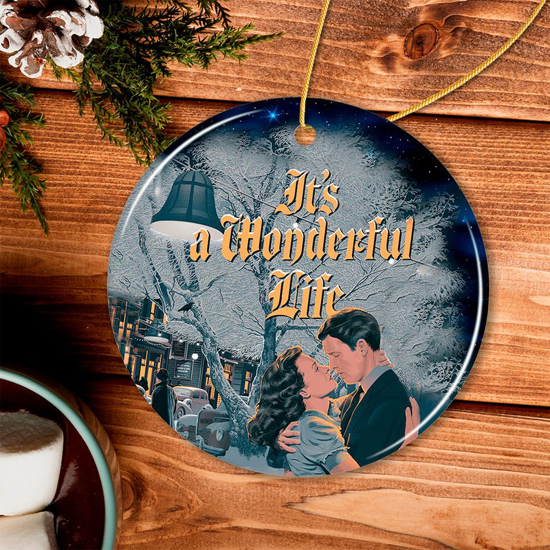 Elegant Retro Winter Night It’s a Wonderful Life Christmas Scene Ornament, Bedford Falls 1946