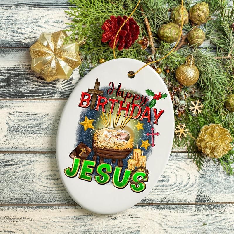 Happy Birthday Jesus Christmas Ornament, Nativity Religious Decor