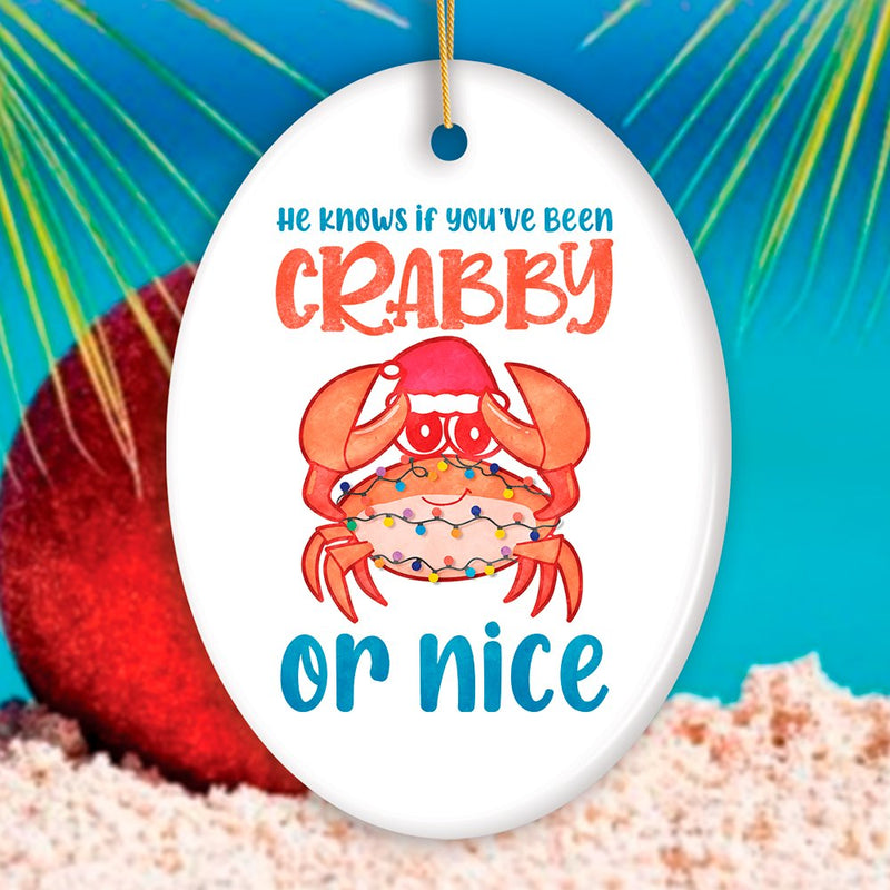 He Knows if You’ve Been Crabby or Nice Funny Vacation Theme Ornament, Christmas in July Decor