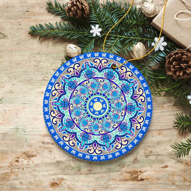 Luminescent Blue Mandala Christmas Ornament, Ethnic Indian Decoration, Hinduism, Buddhism, Jainism
