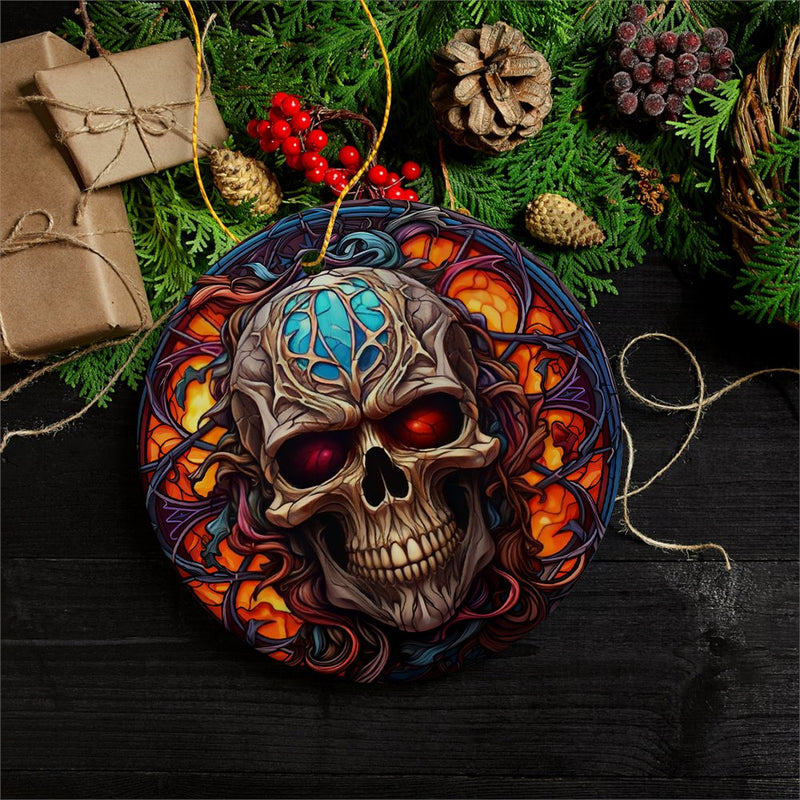 Phantom's Grin Sinister Skull Stained Glass Style Ceramic Ornament, Halloween Themed Christmas Gift and Decor