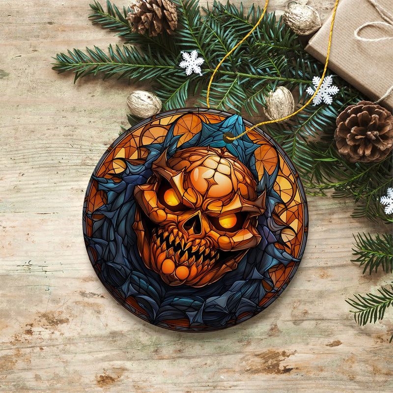 Pumpkin Skull with Glowing Red Eyes Stained Glass Style Ceramic Ornament, Halloween Themed Christmas Gift and Decor