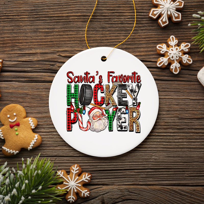 Santa’s Favorite Hockey Player Christmas Plaid Ornament