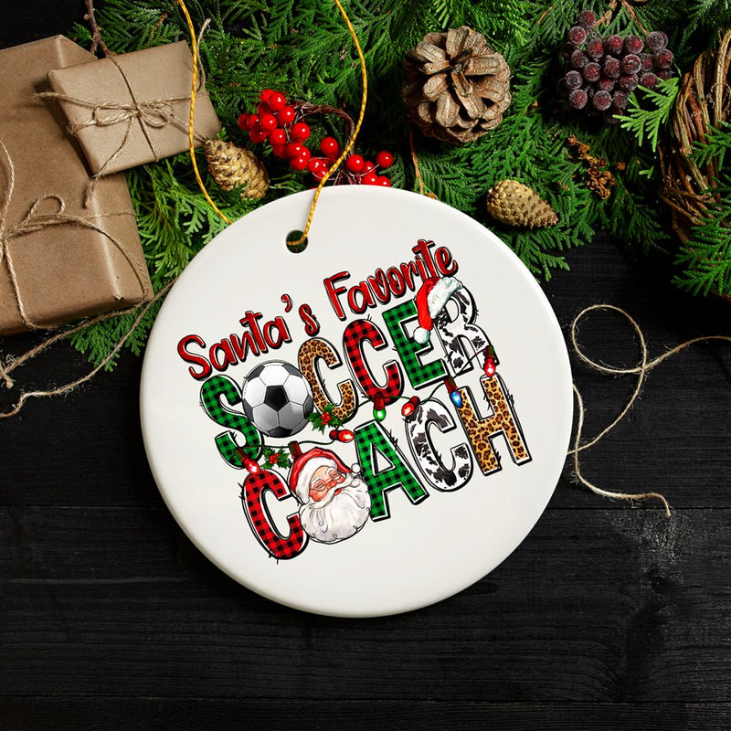 Santa’s Favorite Soccer Coach Christmas Plaid Theme Ornament