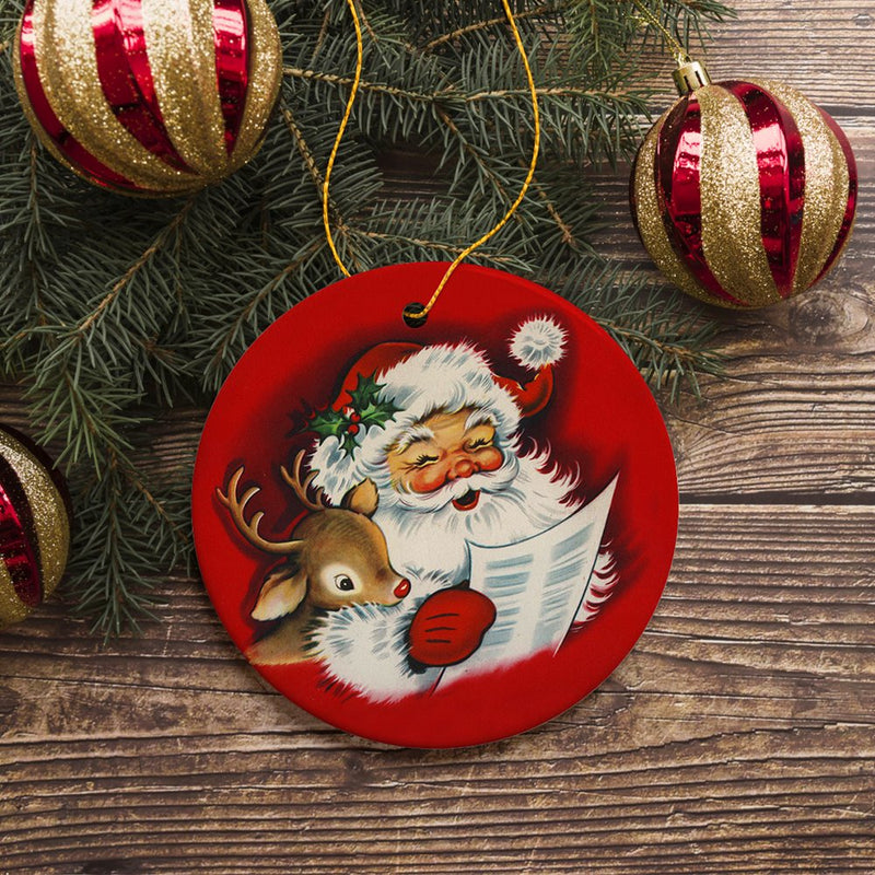 Santa and Baby Reindeer Singing a Christmas Carol Ornament