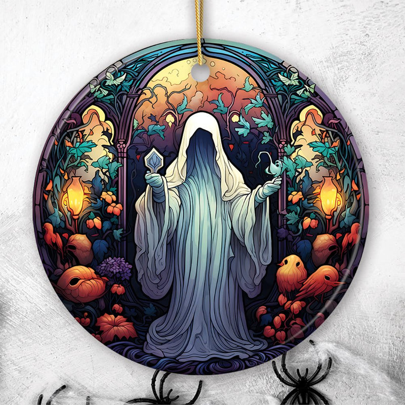 Spectral Shivers Hauntingly Scary Ghost Stained Glass Style Ceramic Ornament, Halloween Themed Christmas Gift