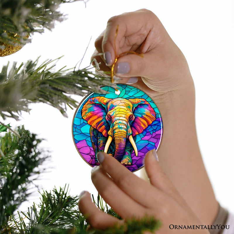 Forest Giants Elephant Stained Glass Style Ceramic Ornament, Safari Animals Christmas Gift and Decor