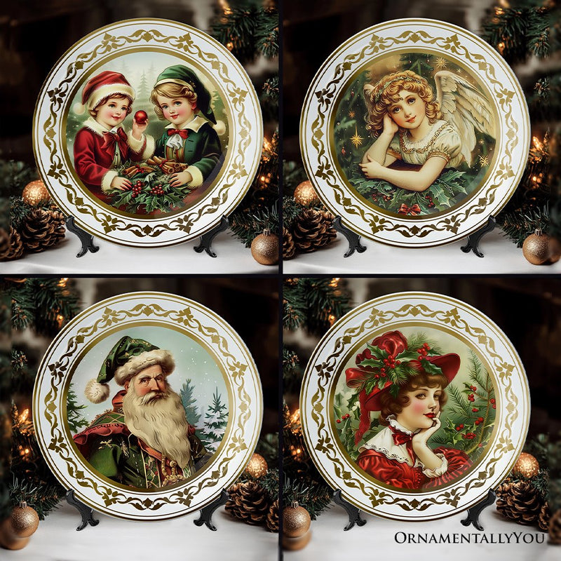 Victorian Elegance Set of 4 Plates with Real Gold Trim, Holiday Christmas Red and Green Tableware Collection for Salad, Dessert, Appetizer, and Side Plates