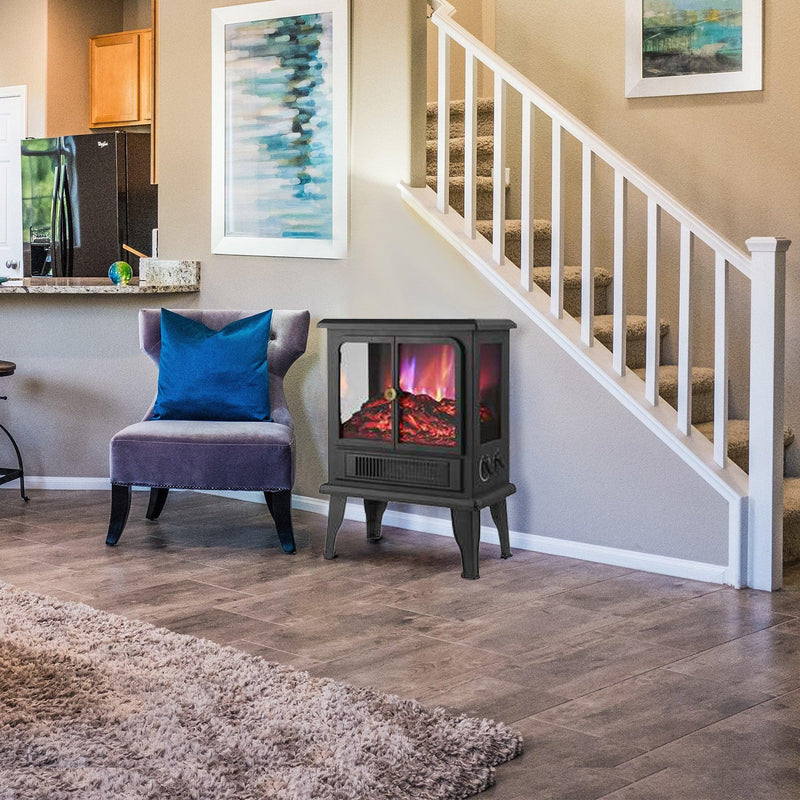 Black Electric Heater Free Standing Stove, 3D Flame Overheat Protection Adjustable Thermostat, 1500W