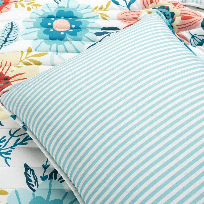 Full/Queen Lightweight Floral Teal Blue Pink White 3-Piece Polyester Quilt Set, photo 4 of 5