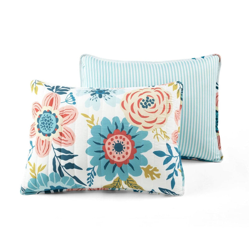Full/Queen Lightweight Floral Teal Blue Pink White 3-Piece Polyester Quilt Set, photo 5 of 5