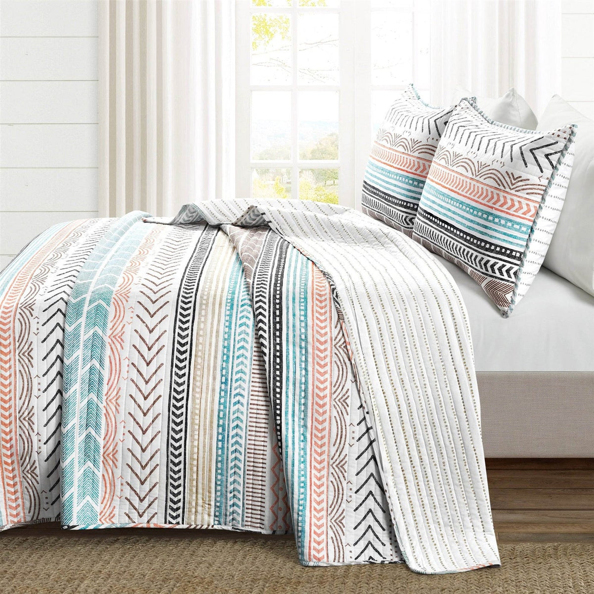 Full/Queen Scandinavian Chevron Teal White Orange Reversible Cotton Quilt Set, photo 2 of 4