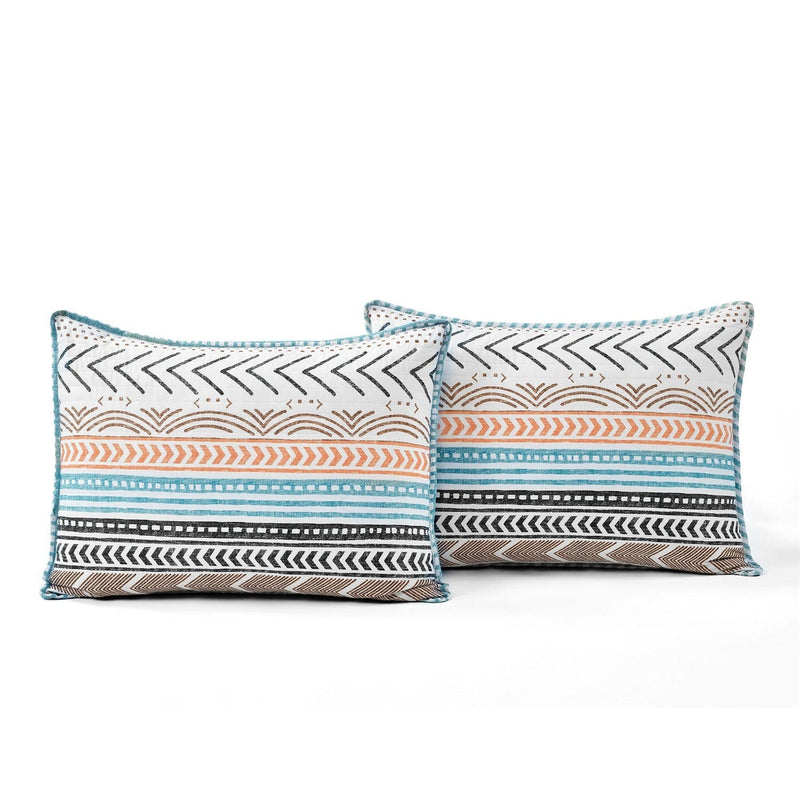 Full/Queen Scandinavian Chevron Teal White Orange Reversible Cotton Quilt Set, photo 4 of 4