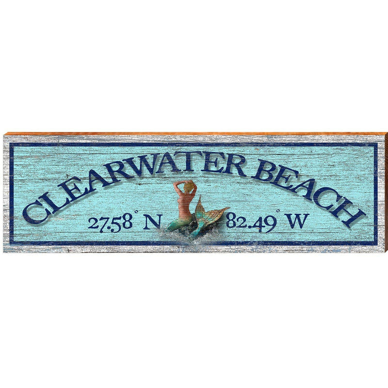 Clearwater Beach Mermaid Blue Latitude Longitude | Wall Art Print on Real Wood