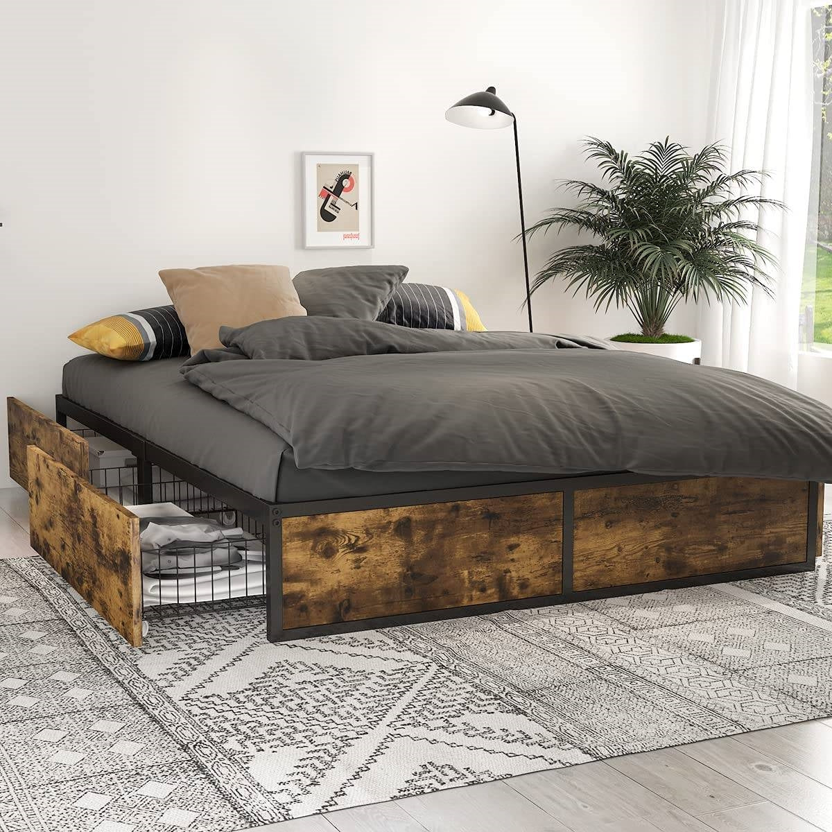 Full Metal Wood Platform Bed Frame with 4 Storage Drawers - 600 lbs Max Weight, photo 3 of 5