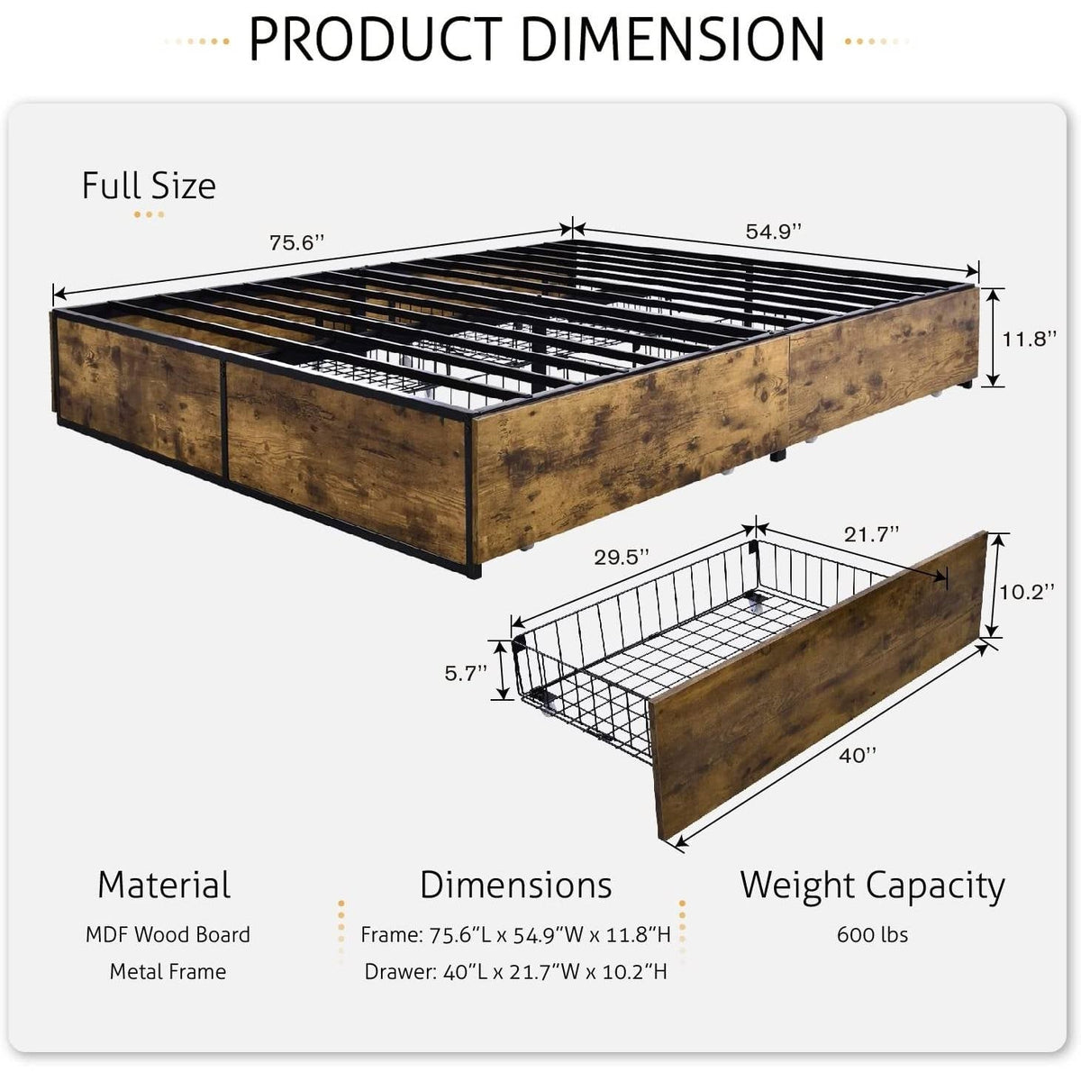 Full Metal Wood Platform Bed Frame with 4 Storage Drawers - 600 lbs Max Weight, photo 5 of 5