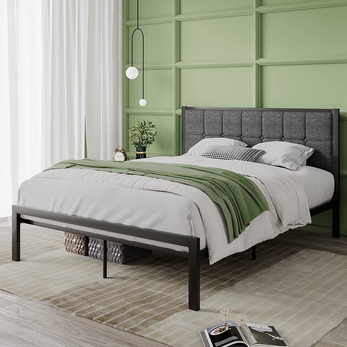 Full Metal Platform Bed Frame with Gray Button Tufted Upholstered Headboard, photo 4 of 5