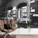 Black and White European Café Street Diner Wallpaper Mural.