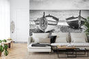 Black and White Nautical Theme Wallpaper Mural. Boat on Shore Wall Mural.