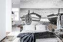 Black and White Nautical Theme Wallpaper Mural. Boat on Shore Wall Mural.