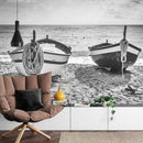 Black and White Nautical Theme Wallpaper Mural. Boat on Shore Wall Mural.