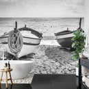 Black and White Nautical Theme Wallpaper Mural. Boat on Shore Wall Mural.