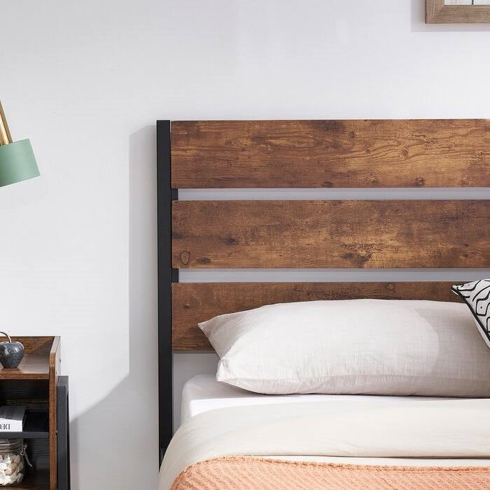 Full Industrial Platform Bed Frame with Brown Wood Slatted Headboard Footboard, photo 3 of 5