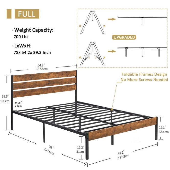 Full Industrial Platform Bed Frame with Brown Wood Slatted Headboard Footboard, photo 5 of 5