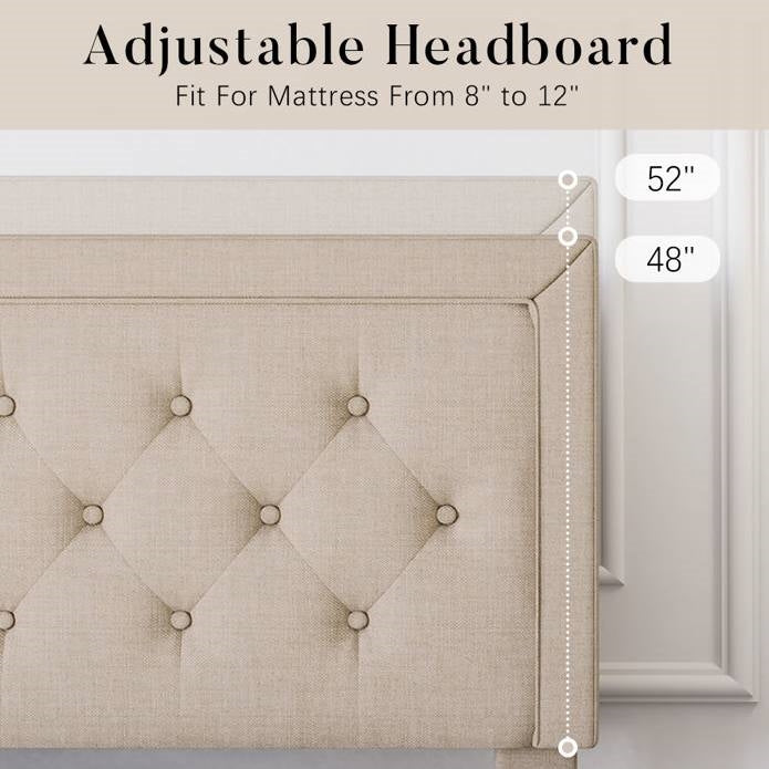 Full Size Adjustable Height Platform Bed Frame with Beige Upholstered Headboard, photo 4 of 5
