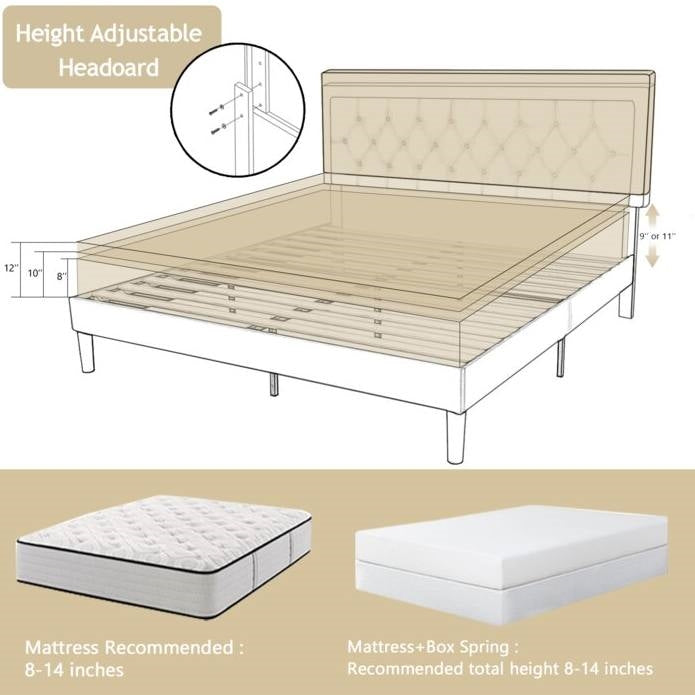 Full Size Adjustable Height Platform Bed Frame with Beige Upholstered Headboard, photo 5 of 5