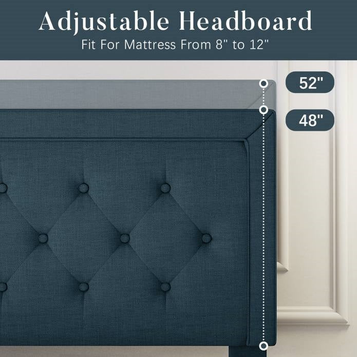 Full Size Adjustable Height Platform Bed Frame with Blue Upholstered Headboard, photo 5 of 5