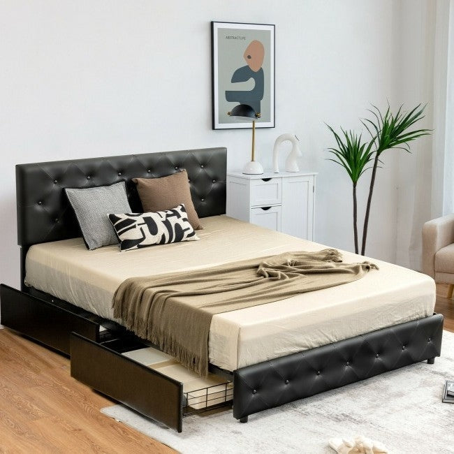 Full Size Black PU Leather Button Tufted Platform Bed with 4 Storage Drawers, photo 3 of 5