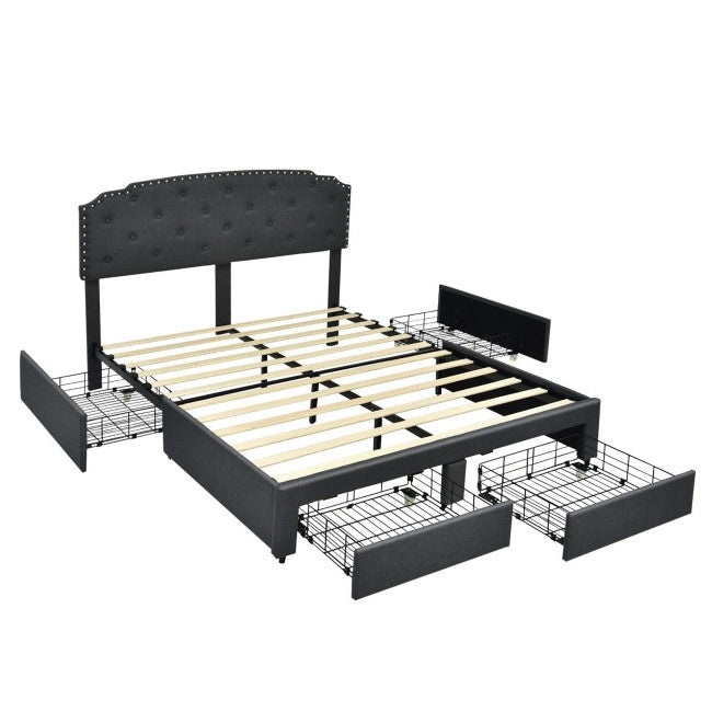 Full Size Grey Linen Adjustable Headboard 4 Drawer Storage Platform Bed, photo 2 of 4