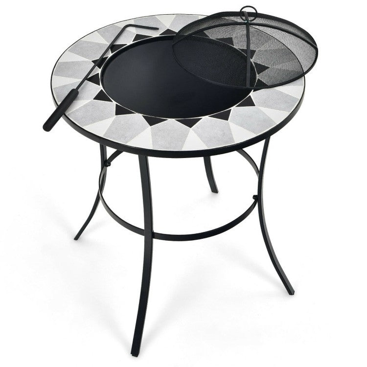 Portable Round Fire Pit Table with Mesh Cover and Fire Poker, photo 2 of 3